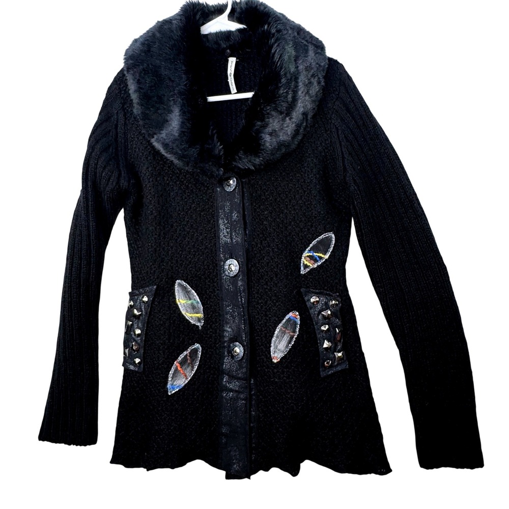 TESSORI Cardigan Sweater Women Medium Black Faux Fur Studded Wool Whimsigoth Mob